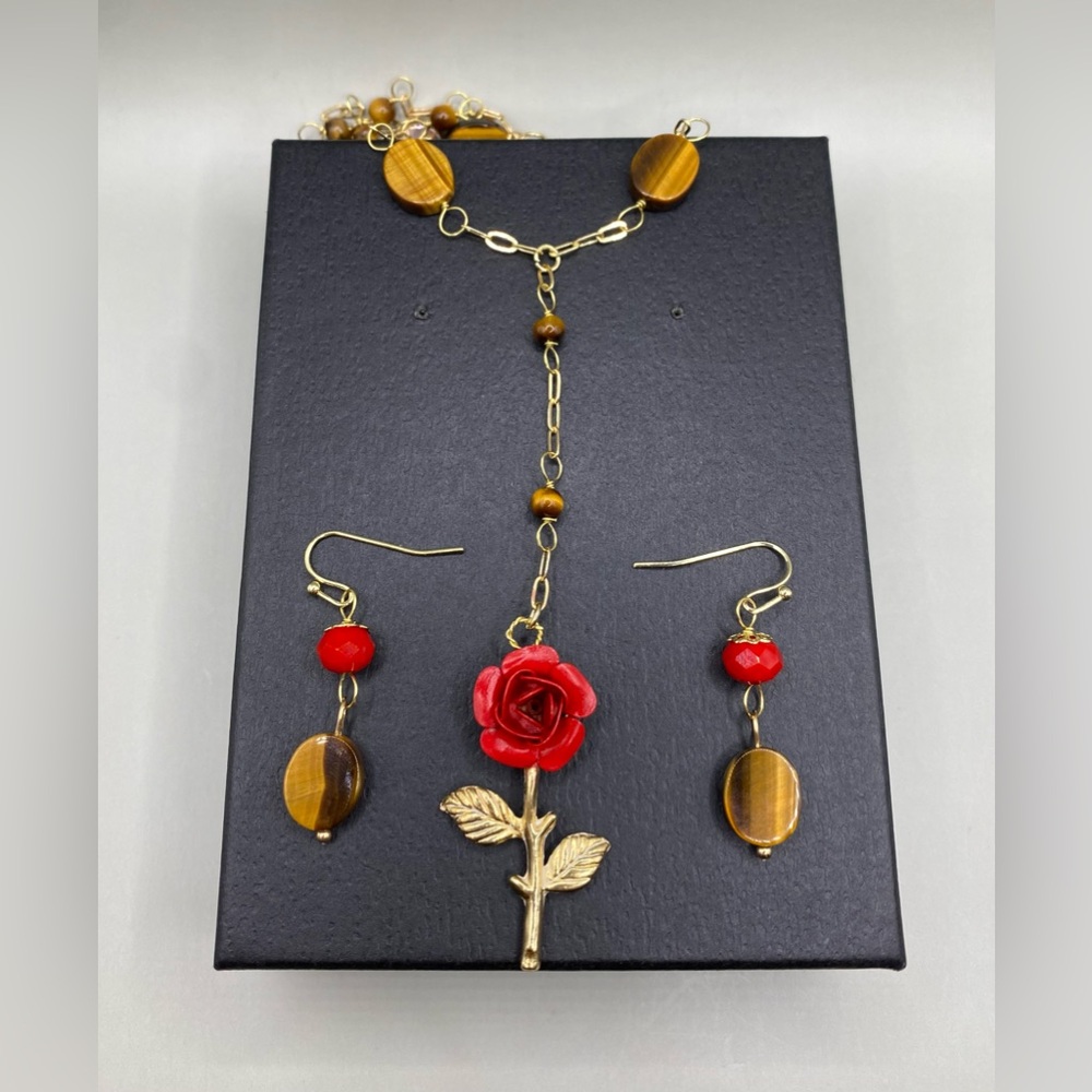 🤎🌹Vintage Rose Tiger’s Eye Lariat Set